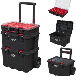 Keter Stack-n-Roll Modular Tools Organizer for Garage Storage and DIY, 3 Piece Resin Rolling Tool Box System for Small Parts, Black