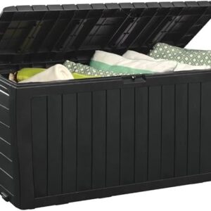 Keter Marvel Plus 71 Gallon Resin Deck Box-Organization and Storage for Patio Furniture Outdoor Cushions, Throw Pillows, Garden Tools and Pool Toys, Dark Grey