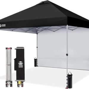 CROWN SHADES 10x10 Pop Up Canopy with 1 Side Wall - Beach Tent with One Push Setup - Outdoor Sun Shade for Events, Parties, Camping - Gazebo with STO-N-Go Cover Bag (Black)