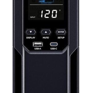 CyberPower CP1500AVRLCD3 Intelligent LCD UPS System, 1500VA/900W, 12 Outlets, 2 USB Ports, AVR, Mini Tower, Black