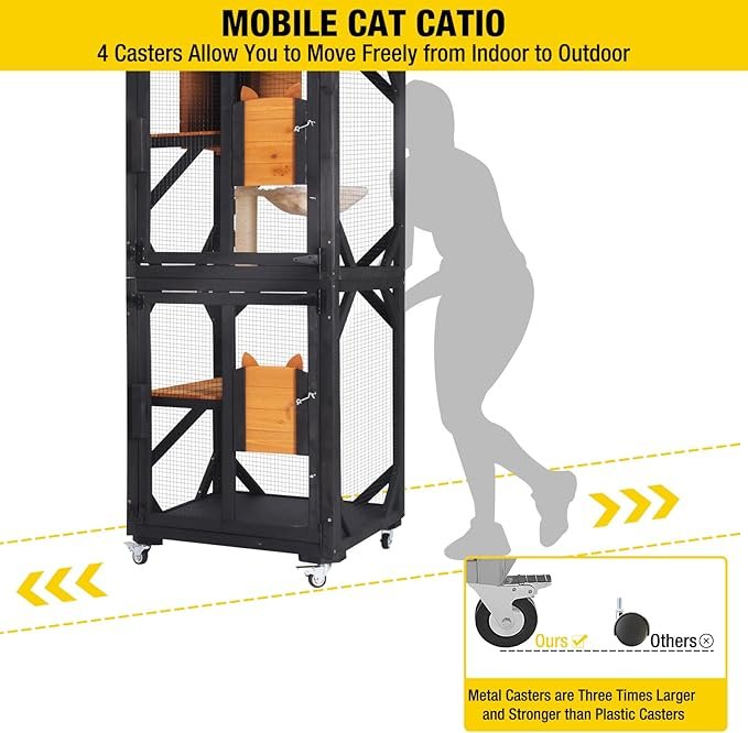 Aivituvin Cat House Window Catio Outdoor Cat Enclosure Mobile Kitty Shelter on Wheels Pet Cage with Resting Box,Hammocks,Waterproof Cover - Image 4
