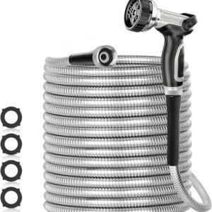 SPECILITE 200ft 304 Stainless Steel Garden Hose Metal, Heavy Duty Water Pipe with Nozzles for Yard, Outdoor - Flexible, Never Kink & Tangle, Puncture Resistant (Sliver)